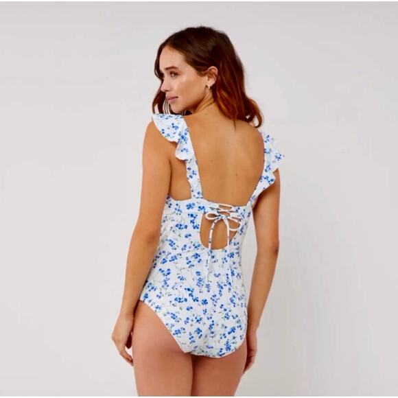 A Pea in the Pod Maternity Blue Floral Ruffle One-Piece Swimsuit Size Small - Picture 3 of 14